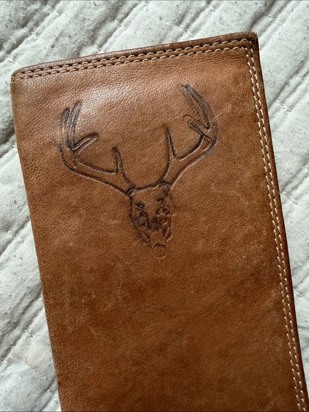 Distressed Leather Long Wallet with Embossed Stag